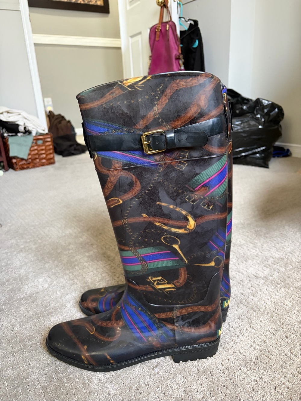 Ralph Lauren Rosalyn II equestrian Black Patterned Rain Boots size 11